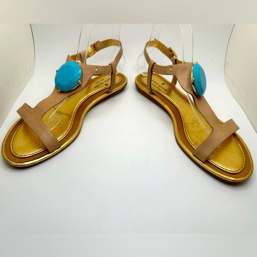 Kate Spade T strap Flat sandal with blue embellishment Size 8